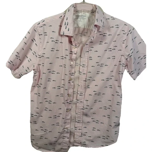Banana Republic, Men's S, SS Shirt, Luxe Poplin, Slim‎ Fit Pink Fish Print