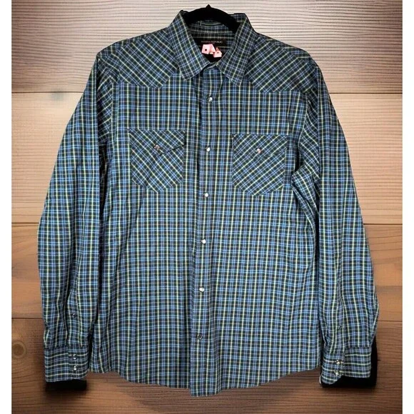 BANANA REPUBLIC‎ Shirt Slim Mens Size Medium Western Pearl Snap Green Blue Rodeo