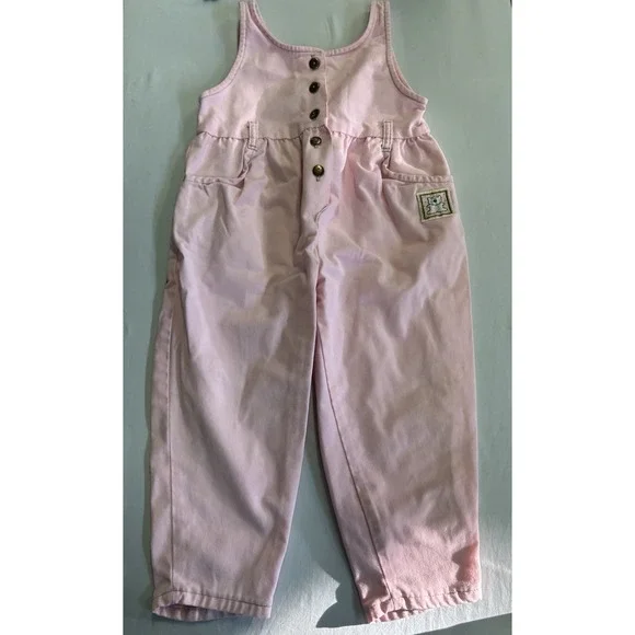 Vintage 90s Toddler Girls Pink Overalls Jumpsuit Teddy Bear Patch Size 4T