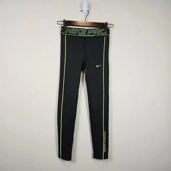 Nike PRO Dri-fit Tight Leggings Size M/10-12 Kids Black Volt FZ5613-010 Training