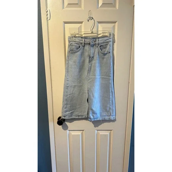 Zara Girls Light Wash Denim Midi Skirt Blue Jean Front Slit Size 9