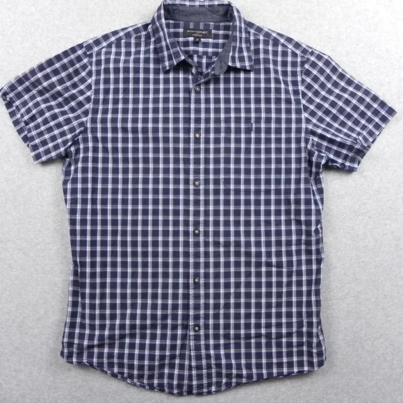 Banana Republic Shirt Mens Medium Standard Fit Button Up Blue Plaid Short Sleeve