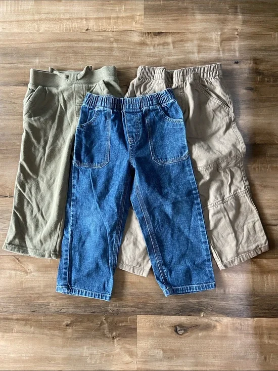100% Cotton Elastic-Waist Denim & Khaki Pants Set - Blue and Tan