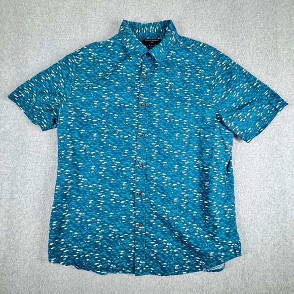 Banana Republic Camp Shirt Mens L Linen Slim Fit Fish Print Short Sleeve‎