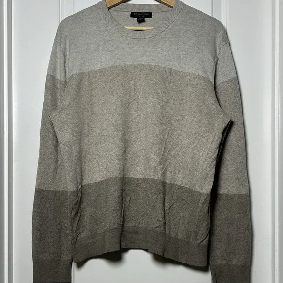 Banana‎ Republic Luxury Silk Cashmere Cotton Blend Gray Stripe Crewneck Sweater