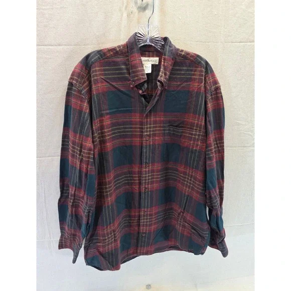 Banana Republic Mens Plaid Flannel Shirt Burgundy Green Cotton Button Down M