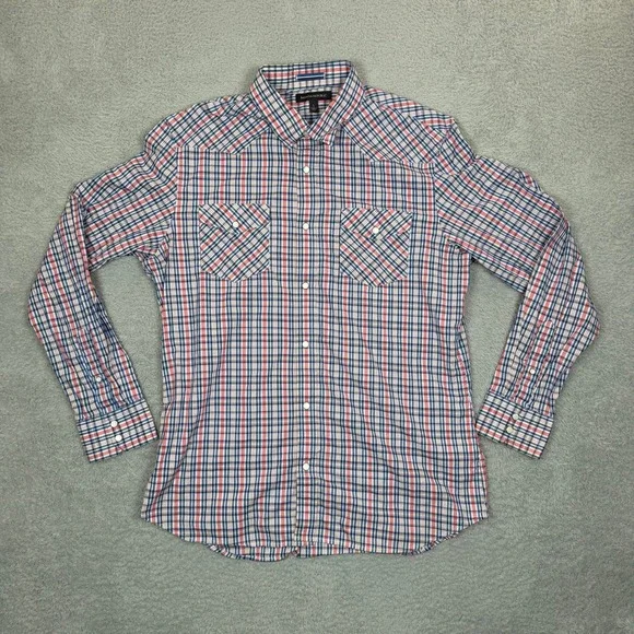 Banana Republic Mens Western Pearl Snap Plaid Shirt Red White Blue Large Stretch