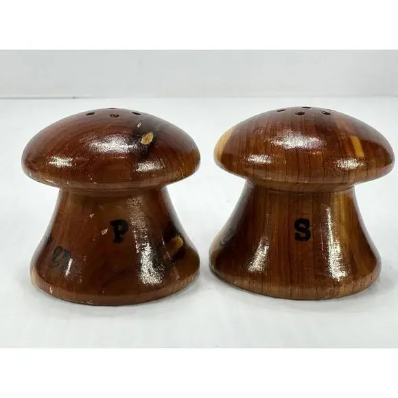 Vintage Souvenir Mid Century Mod Wood Mushroom Salt Pepper Shaker Lake George NY
