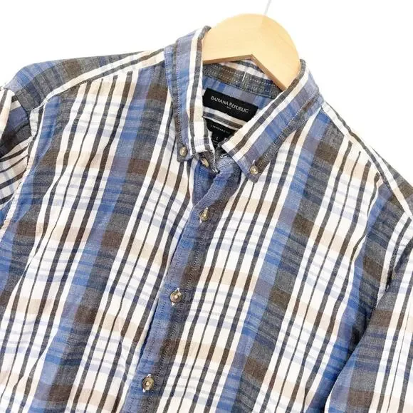 Banana Republic Blue Black White Plaid Button Down Sz L