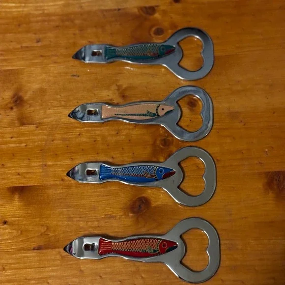 Vintage Stainless Steel Bottle Can Openers (4) Enameled Fish Motifs SET #3