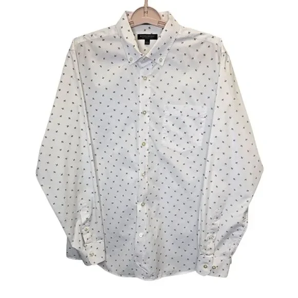 Banana Republic Mens L Tech Stretch Cotton White Blue Floral Pattern Shirt