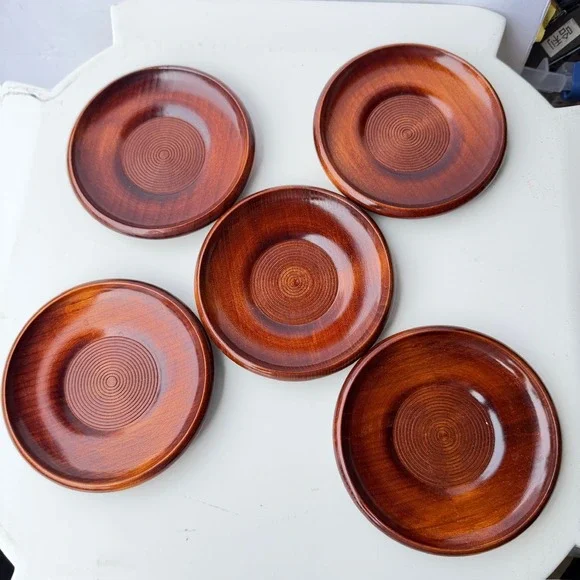 Set of 5 Vintage Style Wooden Coasters Saucers Concentric Circle Design B-11
