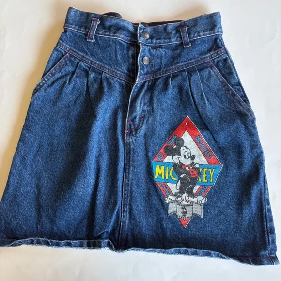 Vintage Silver Unicorn Mickey Mouse Denim Skirt High Waist Red Stitch Blue 12