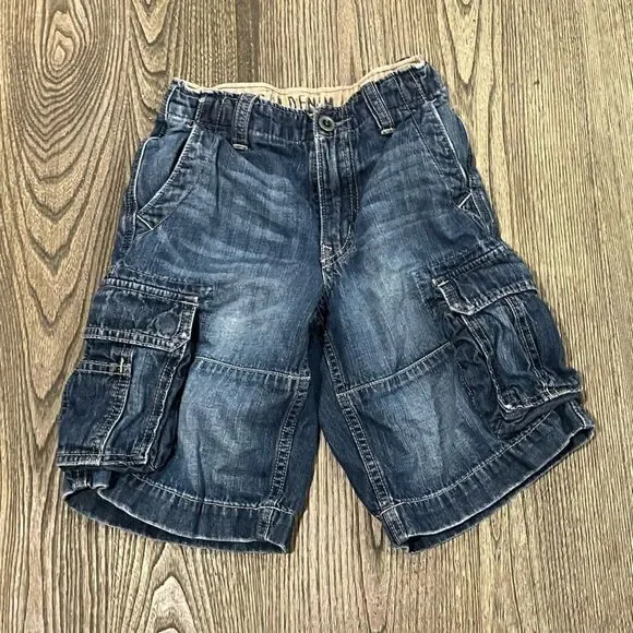 Gap Kids Boys Denim Shorts Cargo Pockets Slim Fit Cotton Dark Wash Blue Size 8