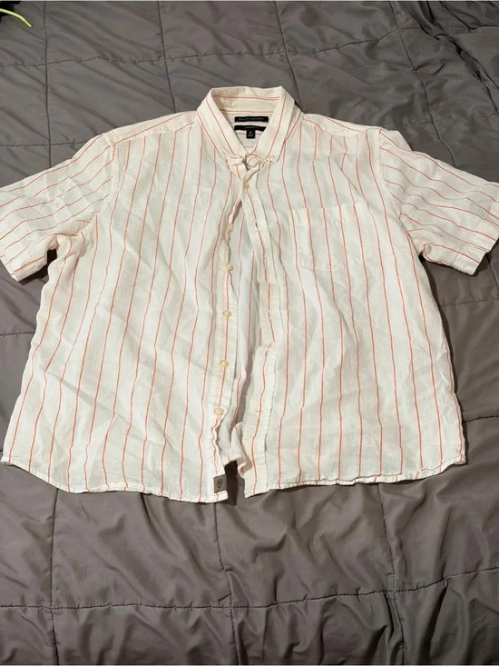 Banana Republic White Short-Sleeve Button-Down with Orange Stripes