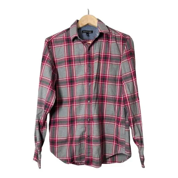 Banana Republic Mens Plaid Button Front Shirt Small Gray Red 100% Cotton
