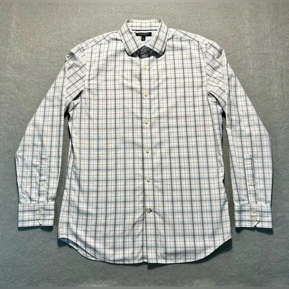 Banana Republic Men’s Medium Slim Fit Plaid Button-Up Shirt White Gray Non-Iron