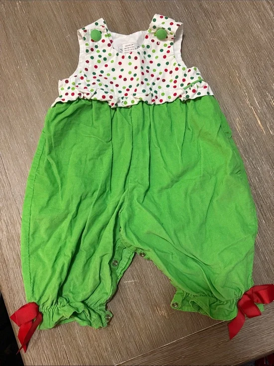 Green Polka Dot Toddler Romper with Red Ribbon Detail
