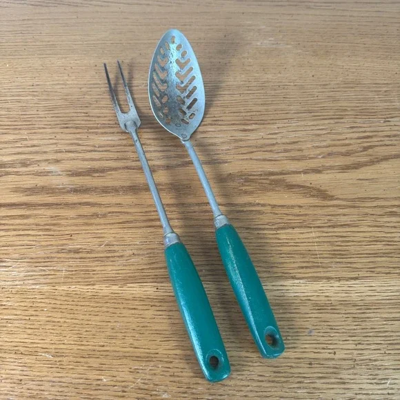 Vintage EKCO A&J Slotted Spoon and‎ Meat Fork Set Green Wood Handle Made in USA