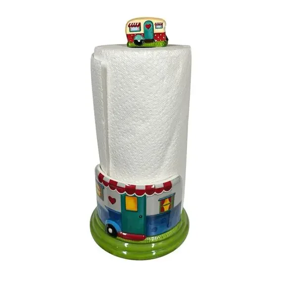 LTD COMMODITIES RV Paper Towel Holder Camping Happy Camper Ceramic Wood Retro