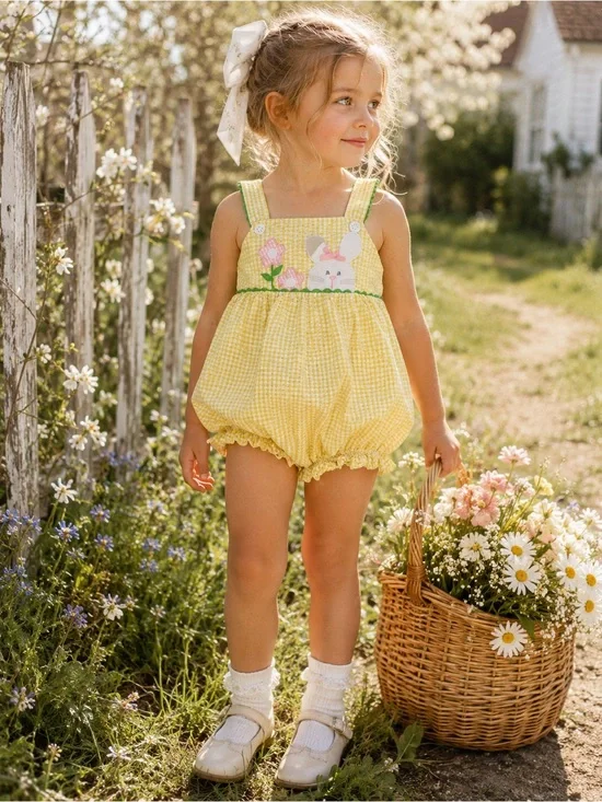 Samara 4T Yellow Seersucker Bunny Easter Bubble Romper Cottagecore