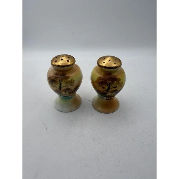 Vintage Hand Painted Porcelain Salt & Pepper Shakers Scenic Landscape