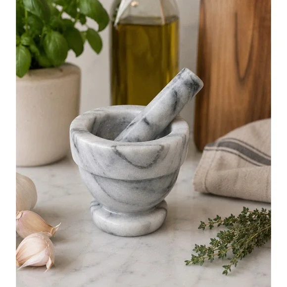Marble Mortar‎ and Pestle Set Natural Stone Spice Herb Grinder Pedestal