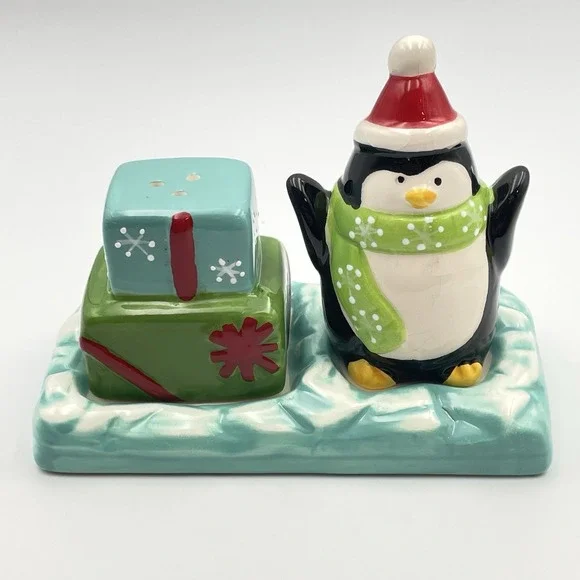 Christmas Penguin & Presents Salt & Pepper Shakers w/ Base Ceramic Holiday Decor