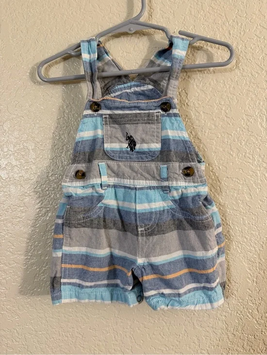 U.S. Polo Assn. Blue & Gray Striped Baby Short Overalls