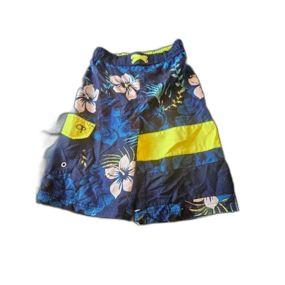 OP Ocean Pacific Boys Tropical Hibiscus Floral Swim Trunks Blue/Lime