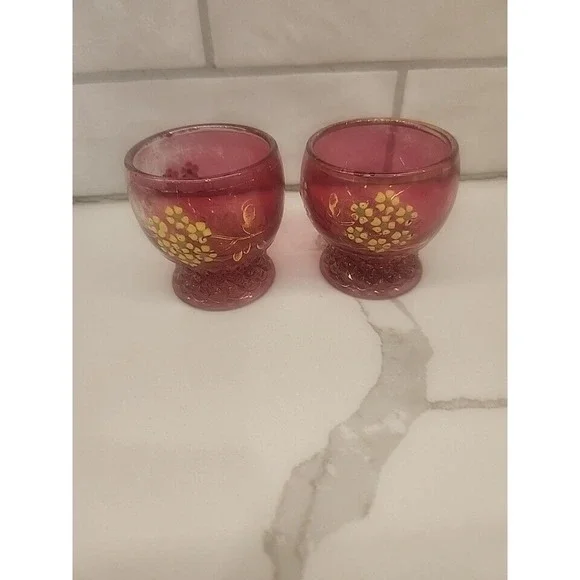 Two Antique EAPG Pink Hand Painted Enamel Daisies Toothpick Holder Flashed Color