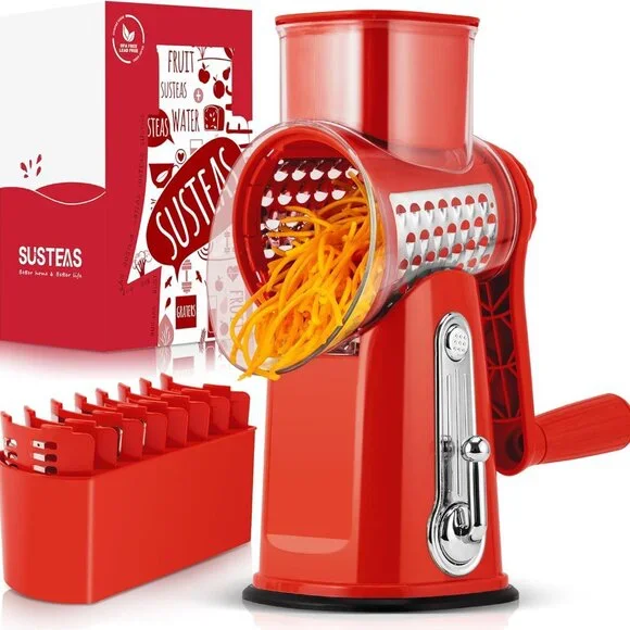 Rotary Cheese Grater w/Handle &5 Blades, Round Slicer & Vegetable Grater Red