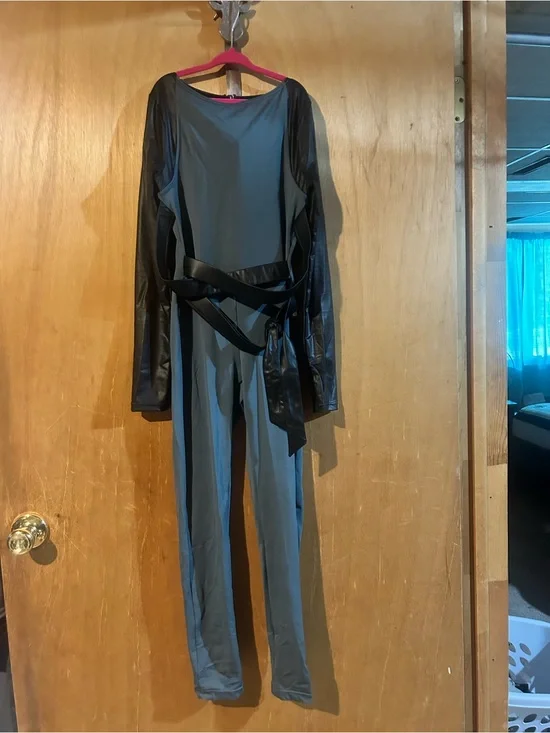 Gray and Black Long Sleeve Jumpsuit with Belt