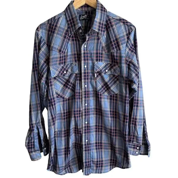 Levi's Vintage 80s Western Pearl Snap Plaid Shirt White tab L