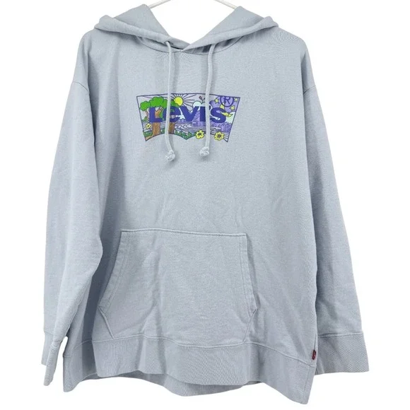 Levis Hoodie XL Graphic Logo Sweatshirt Blue Pullover‎ Mens Womens