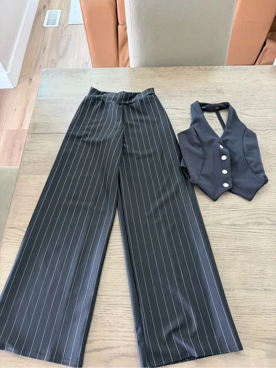 Black Pinstripe Kids Dance Costume Set with Vest