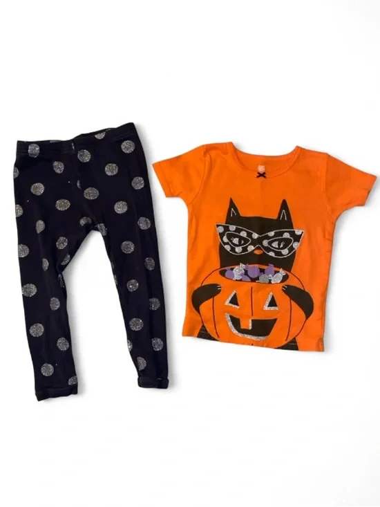Carter's Orange Cat & Pumpkin Tee with Black Polka Dot Leggings