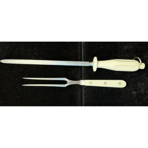 Vintage Solingen Germany Carving Set Honing Steel & Meat Fork Cream Handles