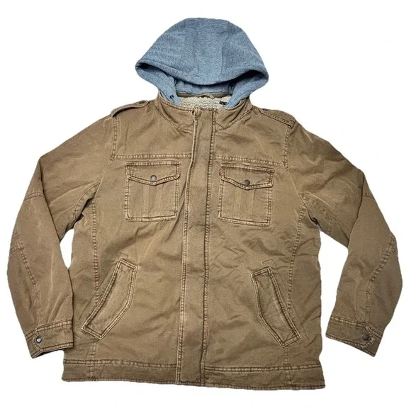 Levis‎ Sherpa Lined Work Jacket Mens L Brown Canvas Hooded Removable Liner