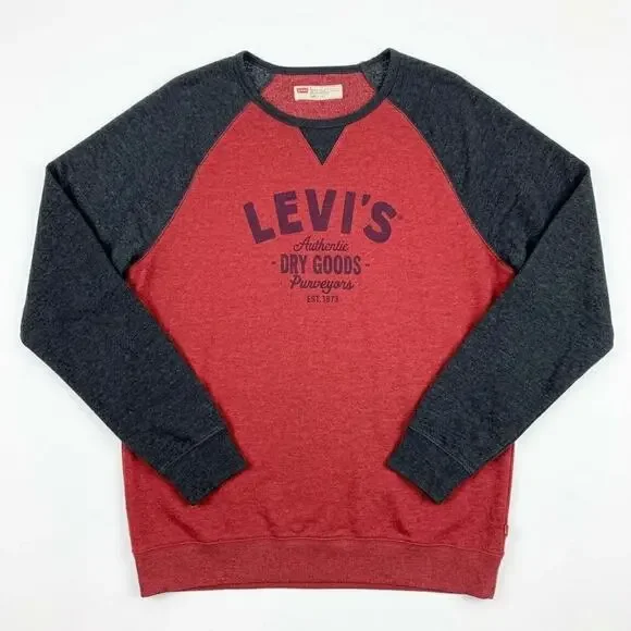 Levis Logo Crew Raglan Sweatshirt Red Gray Standard Fit Casual Lounge Mens XL