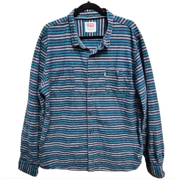 Levis Men's Abbey linen blend striped shirt casual button down teal grey 2XL XXL