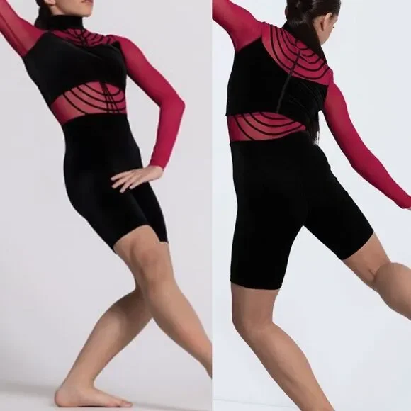 WEISSMAN Elite Dance Costume unitard red black velvet To Be Loved 14115 XSA