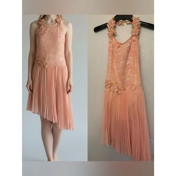 Curtain Call Dance Costume green pink peach pleaded skirt R565 SA-Small adult