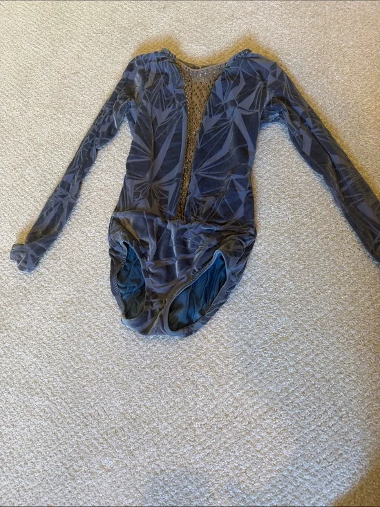 Kids Gray Blue Long-Sleeve Dance Leotard with Mesh Detail