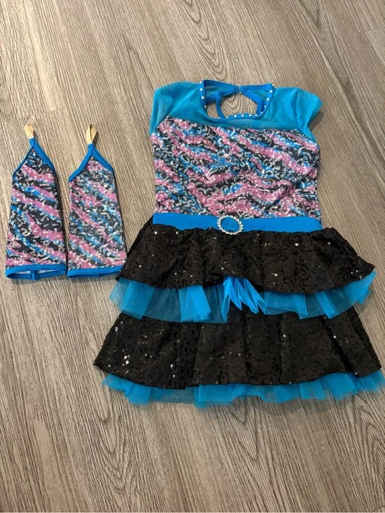 Weissman Turquoise, Black & Pink Sequin Kids Dance Costume with Gloves