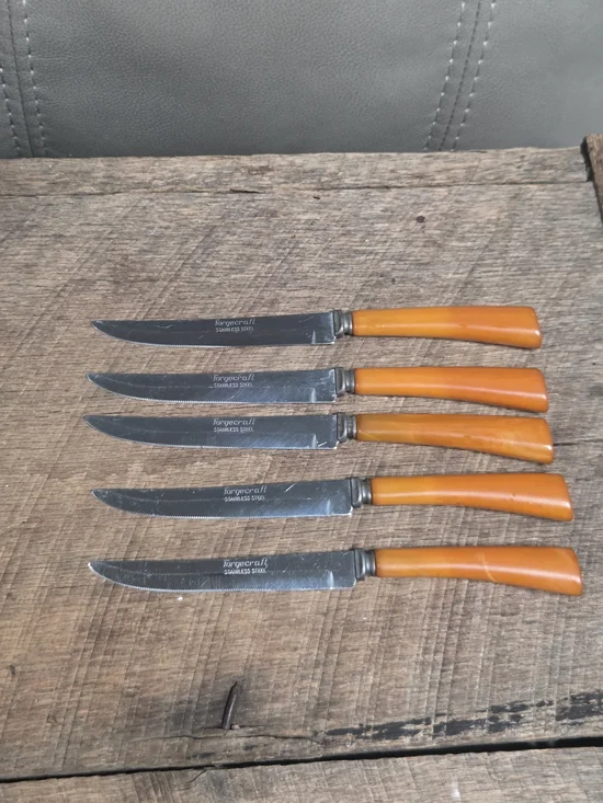 5 Vintage Forgecraft Stainless Steel Knives w/ Bakelight Butterscotch Handles O