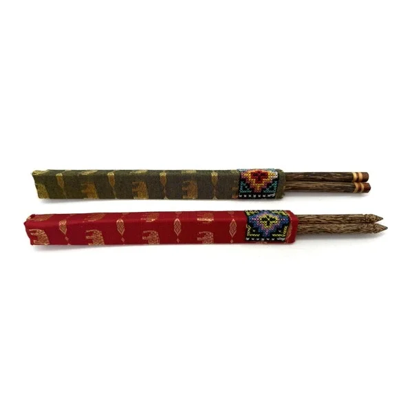 Pair‎ of Hand Carved Wooden Chopsticks W/Embroidered Cases 10 inches long