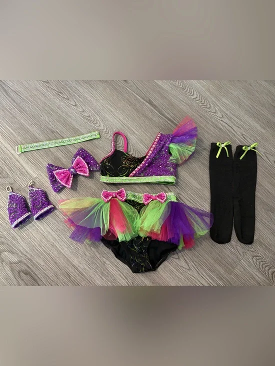 Girls Neon Tutu Dance Costume Set - Purple & Multi-Color