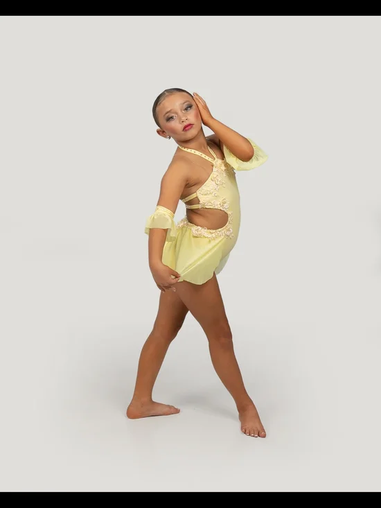 Yellow Girls' Dance Comp Costume with Cutout and Lace Trim