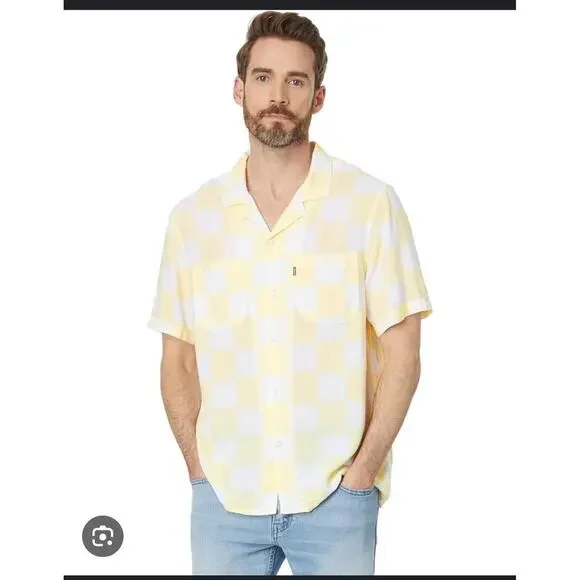 Levi's Relaxed Fit Checkerboard Short Sleeve Camp Shirt Yellow White SZ‎ S NWT